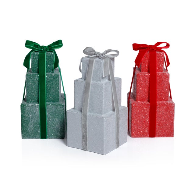 Contemporary Stacked Presents Holiday Resin Figurine, Silver, 8.5" For Sale - Image 3 of 6