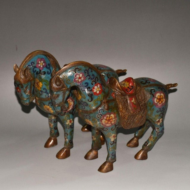 Metal Pair of Vintage Chinese Cloisonné Tang Horses With Saddles - Turquoise Ground For Sale - Image 7 of 9