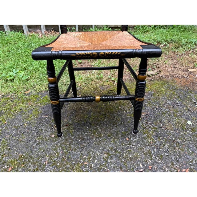 Mid 20th Century Set of 8 Hitchcock Style Black Painted Stenciled Dining Side Chairs With Rush Woven Seats For Sale - Image 9 of 15