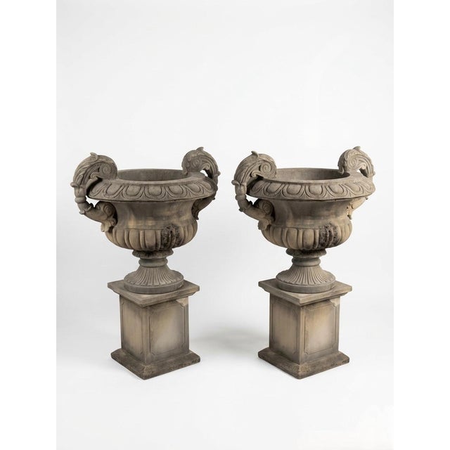 A Pair of Grand Neoclassical Cast Stone Urns on Paneled Pedestals For Sale - Image 4 of 12