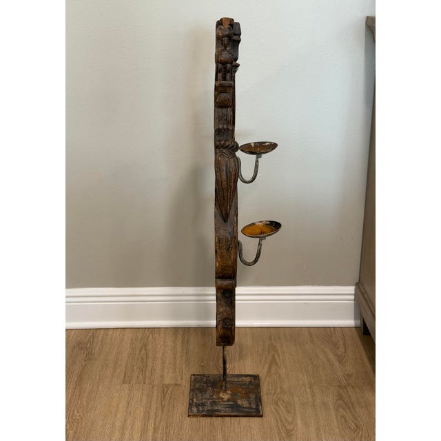 Vintage Indian Carved Wood Architectural Fragment on Iron Candle Stand For Sale - Image 10 of 12