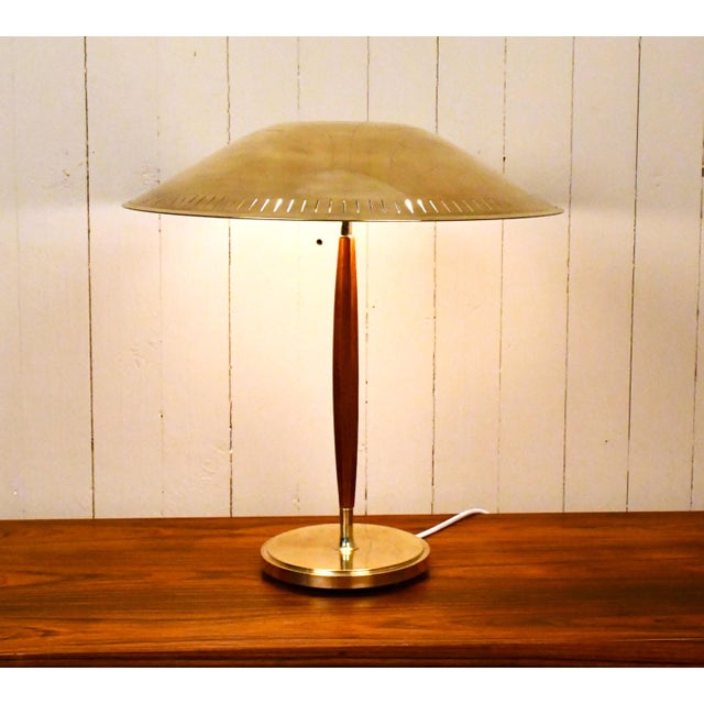 Wood Large Swedish Modern Brass and Beech Table Lamp by Harald Notini for Böhlmarks Lampfabrik Ab, 1940s For Sale - Image 7 of 17