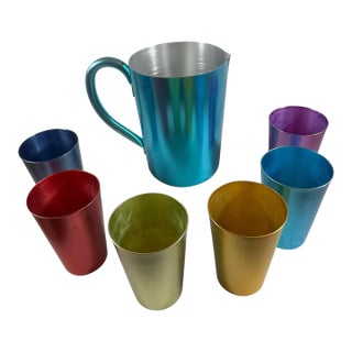 Vintage, Colorful, Sunburst, Pitcher, and Glassware 7 Piece Set in Colorful Aluminum For Sale