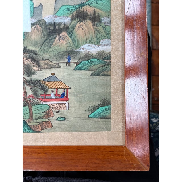 c.1950 Chinese Republic Silk Painting Mountain River Landscape W Figures, Seal Signed For Sale - Image 10 of 12