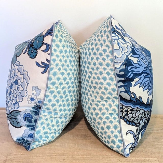 Textile Schumacher Chiang Mai Dragon Pillows in China Blue With Aqua Pave Print Backs - Pair For Sale - Image 7 of 11