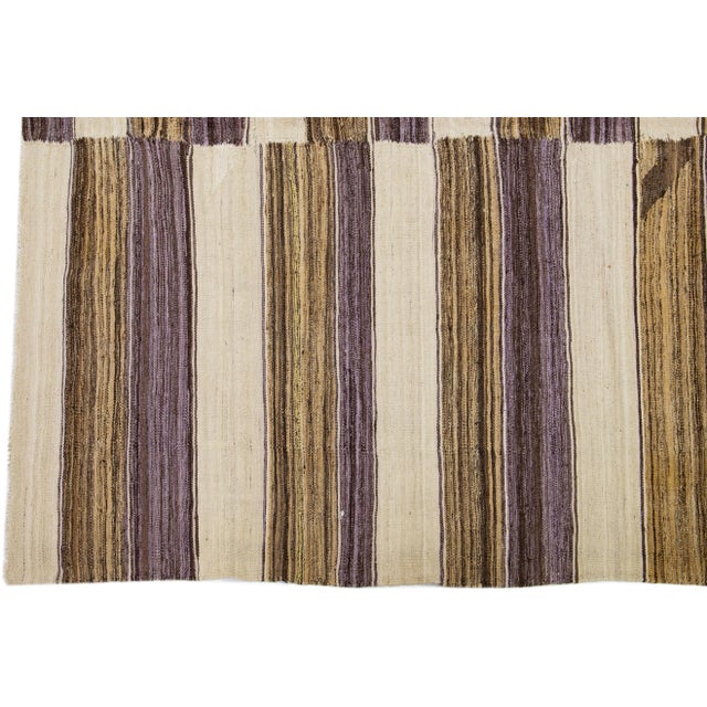 2020s Room Size Striped Flatweave Kilim Wool Rug in Beige For Sale - Image 4 of 7
