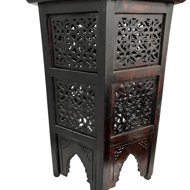 Vintage Anglo Indian Hexagon Hand Carved Drink Table For Sale - Image 6 of 6