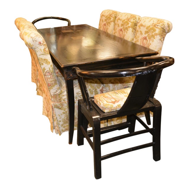 1970s Asian Style Black Wooden Mandarin Rectangle Dining Set Table W/ 2 Horseshoe & 6 Parsons Chairs - Set of 9 For Sale