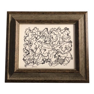 Original Vintage Wayne Cunningham Abstract Ink Drawing Vintage Wood Frame For Sale