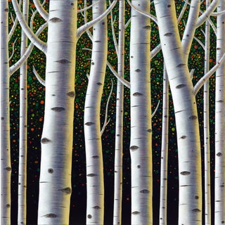 Revelry by Thane Gorek | Oil on canvas Depiction of white birch trees in a colorful forest. For Sale