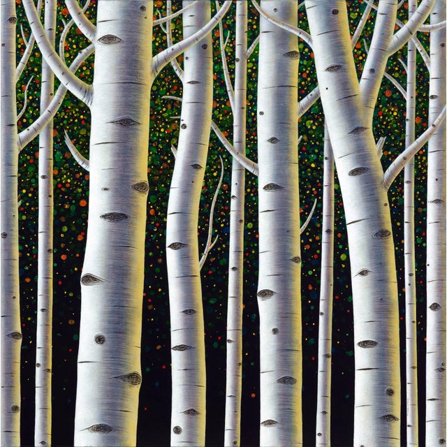 Revelry by Thane Gorek | Oil on canvas Depiction of white birch trees in a colorful forest. For Sale