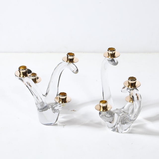 Schneider Glass Pair of Mid-Century Amorphic Crystal & Brass 4 Arm Candelabras Signed Schneider For Sale - Image 4 of 15