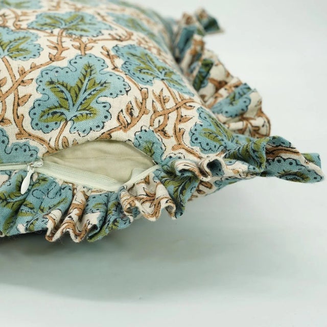 Fabdivine Handcrafted Block Print Frill Cushion Cover 12x20 Inch Pure Linen- Pushpsamita For Sale - Image 4 of 5