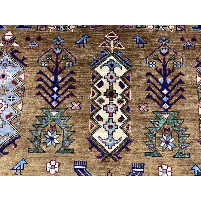 Brown Afghan Sultani Natural Dye Wool Rug, Tribal Geometric Tree Motifs, 6′7″ × 10′ For Sale - Image 12 of 13