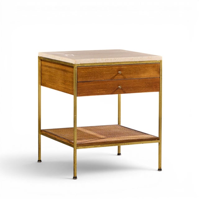 Paul McCobb for Calvin Irwin Group Model 8714 Mid Century Bleached Mahogany, Cane, Brass and Travertine Nightstand - Pair For Sale In Chicago - Image 6 of 13