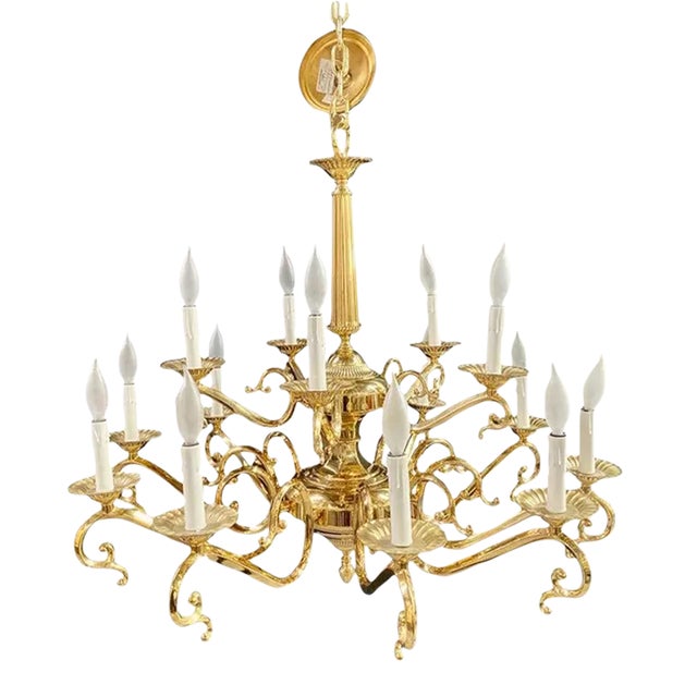 English Victorian Style Brass Chandelier, 15 Arms For Sale
