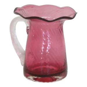 Pilgrim Glass Style Cranberry Pink Optic Swirl Ruffled Rim Pitcher Vase