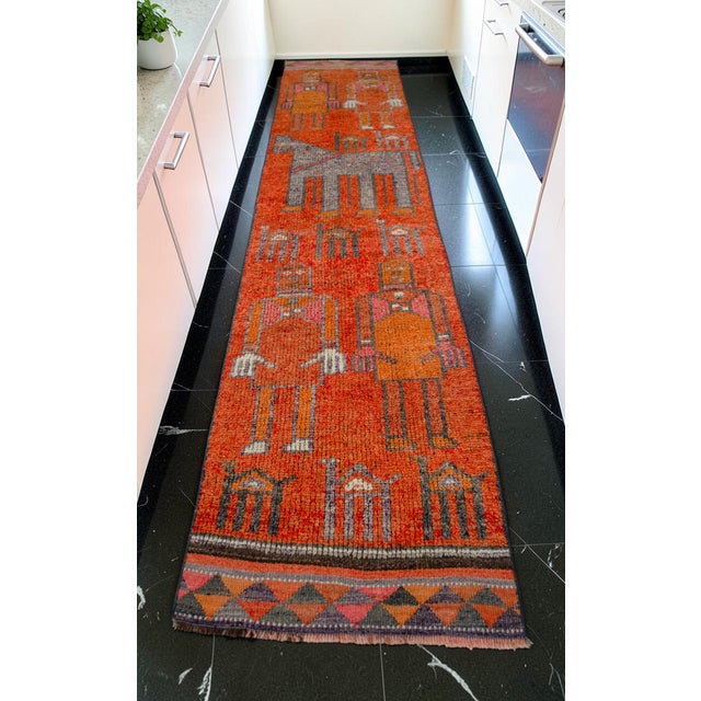 Hollywood Regency 1970s Vintage Hand Knotted Turkish Rug Orange Gray Kitchen Runner 2x11 Rare Mythological Ancient Aliens Motif Rug For Sale - Image 3 of 12
