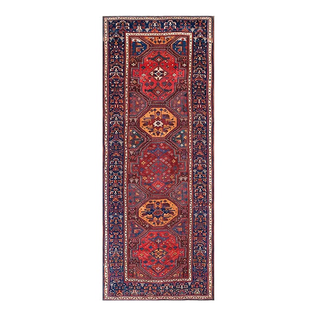 1850s Red Medallion Tribal Antique North West Persian Rug 5'x 12' 9" Handmade Wool Carpet For Sale