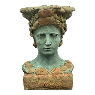 Vintage Boho Cast Concrete Woman in Shells Planter For Sale