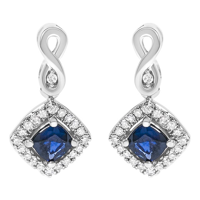 10K White Gold Blue Sapphire and Diamond Halo Cushion Shaped Drop Earrings (I-J Color, I1-I2 Clarity) For Sale