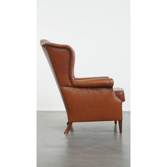 English Cognac-Colored Cowhide Wing Chair For Sale - Image 3 of 14