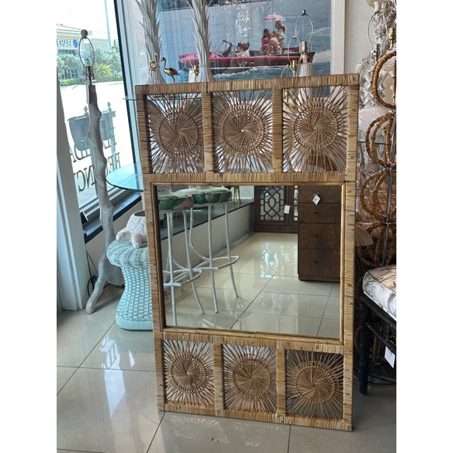 Vintage Palm Beach Spun Woven Wicker Rattan Sunburst Wall Mirror For Sale - Image 4 of 10