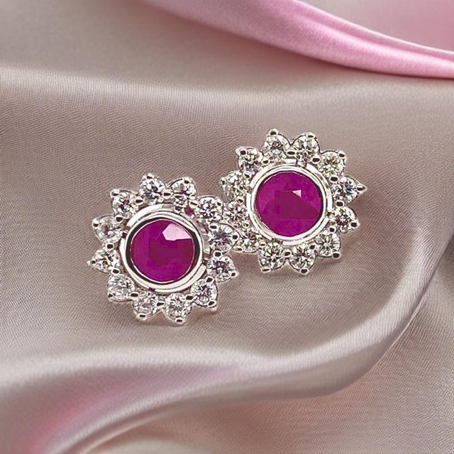 Diamond Ruby Stud Earrings 14 Karat White Gold 1.87 TCW Certified For Sale - Image 4 of 18