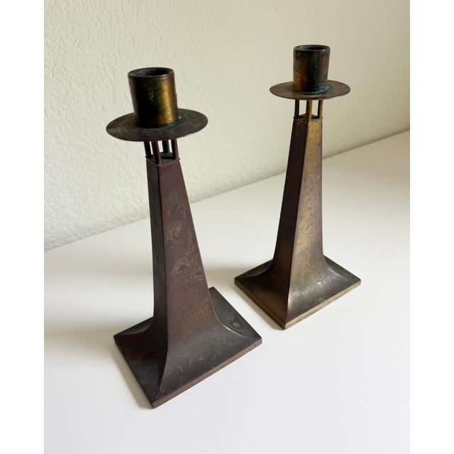 Art Nouveau Arts & Crafts Era Brass Candle Holders, a Pair, Early 20th C For Sale - Image 3 of 11
