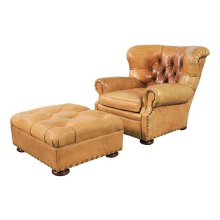 Ralph Lauren Leather Writer's Chair With Matching Ottoman For Sale