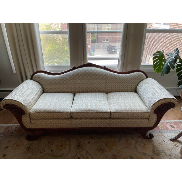 Victorian Vintage Duncan Phyfe-Style Victorian Camelback Sofa With Floral Carvings and Carolyn Fabrics Reupholstery For Sale - Image 3 of 12
