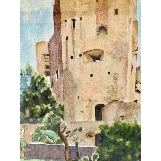 Tan Mid 20th Century Framed French Watercolor Painting of Roquebrune a-M Le Chateau For Sale - Image 8 of 12