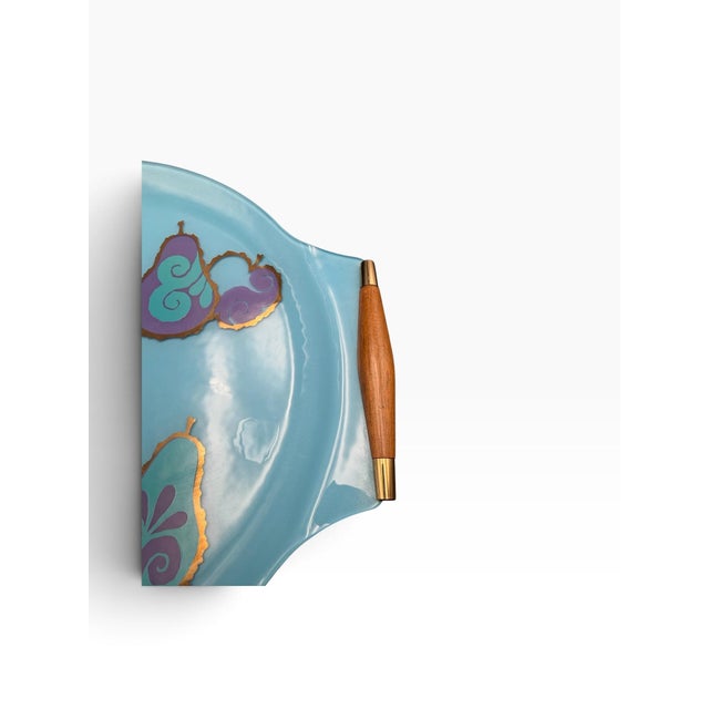 Wood Vintage MCM Georges Briard Large Blue & Purple Fruit Curved Glass Tray W/ Wood Handles For Sale - Image 7 of 10