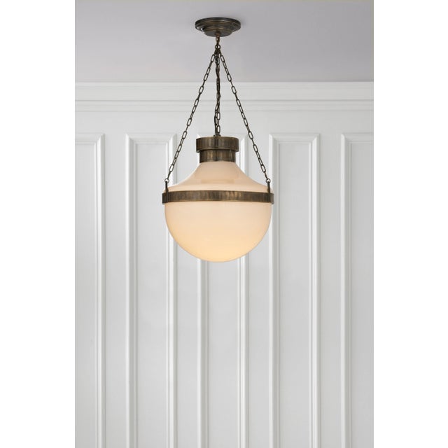 Transitional Michael S Smith for Visual Comfort Signature Modern Schoolhouse Lantern in Antique Brass Verdigris with White Glass For Sale - Image 3 of 4