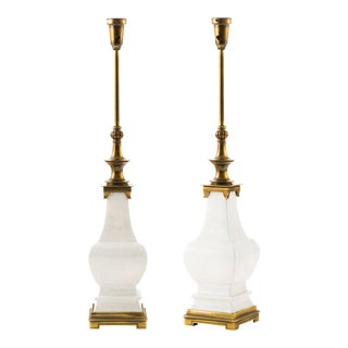 Hollywood Regency White Craquelure Ceramic and Brass Lamps - a Pair For Sale