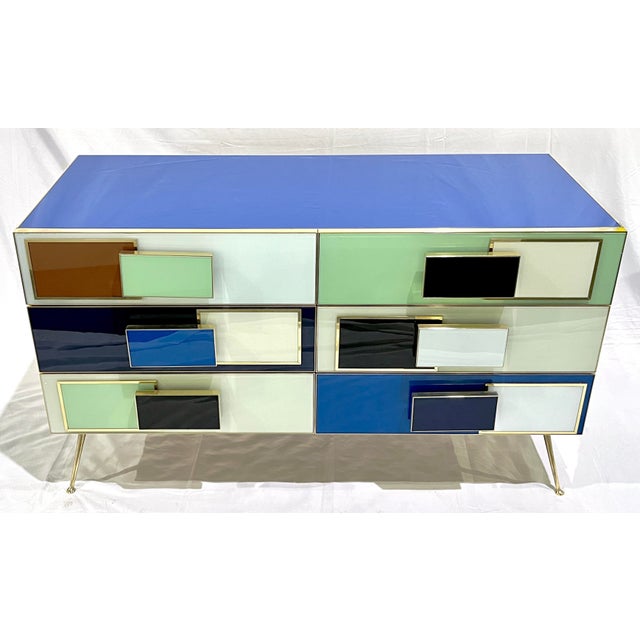 Early 21st Century Italian Mondrian Style Blue Green White Brown Modern Brass Dresser/Chest For Sale - Image 5 of 17
