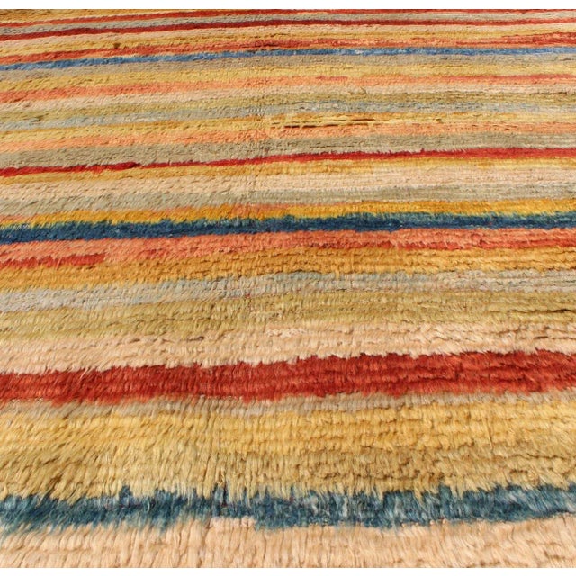 Modern Mid 20th Century Vintage Turkish Angora Tulu Rug With Stripe Design in Yellow, Green, Red & Blue For Sale - Image 3 of 12