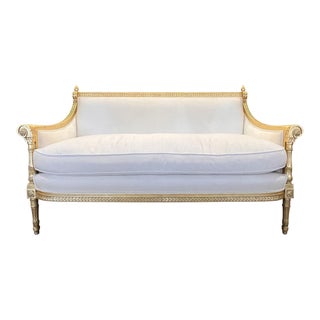 Early 20th Century Swedish Neoclassical Style Upholstered Gilt Settee With Finials For Sale