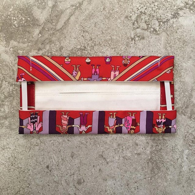 Original screen printed Authentic Hermes scarf design c.2002 by Karen Petrossian features an array of illustrated people...