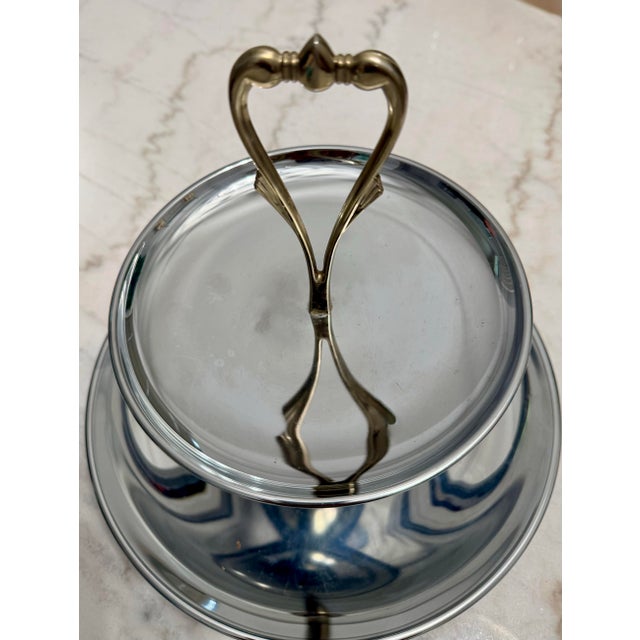 Vintage Mid-Century Modern 2-Tier Silver & Brass Tidbit Tray Dessert & Pastry Stand Centerpiece For Sale In Tampa - Image 6 of 8