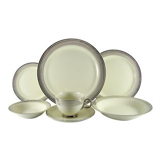 1940s Art Deco Platinum Bands Service for 8 Dinnerware Set - 56 Piece For Sale