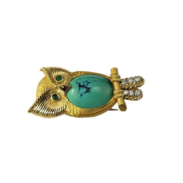 Contemporary Vintage Cartier 18k Turquoise, Emerald, and Diamond Owl Brooch For Sale - Image 3 of 6