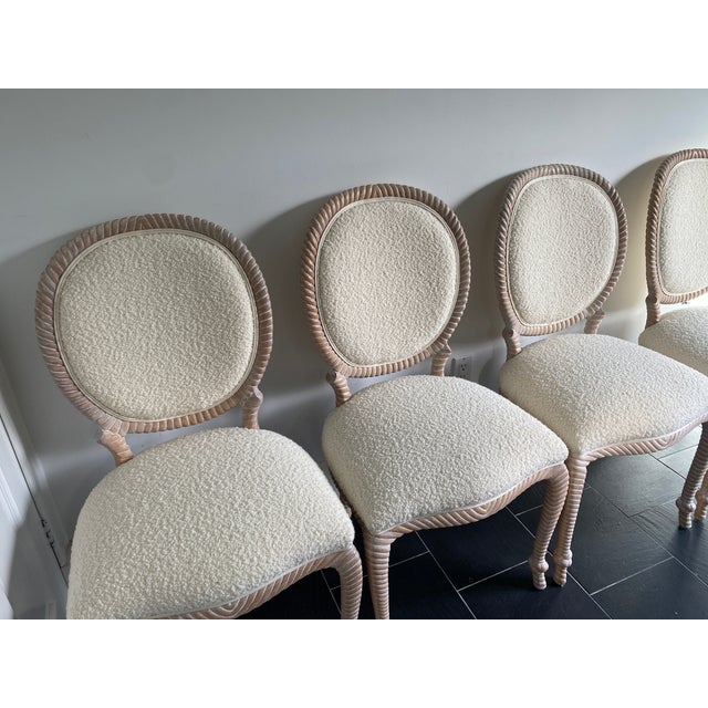 Set of Four Vintage Italian Carved Wood Rope Chairs Upholstered in White Boucle For Sale - Image 4 of 13