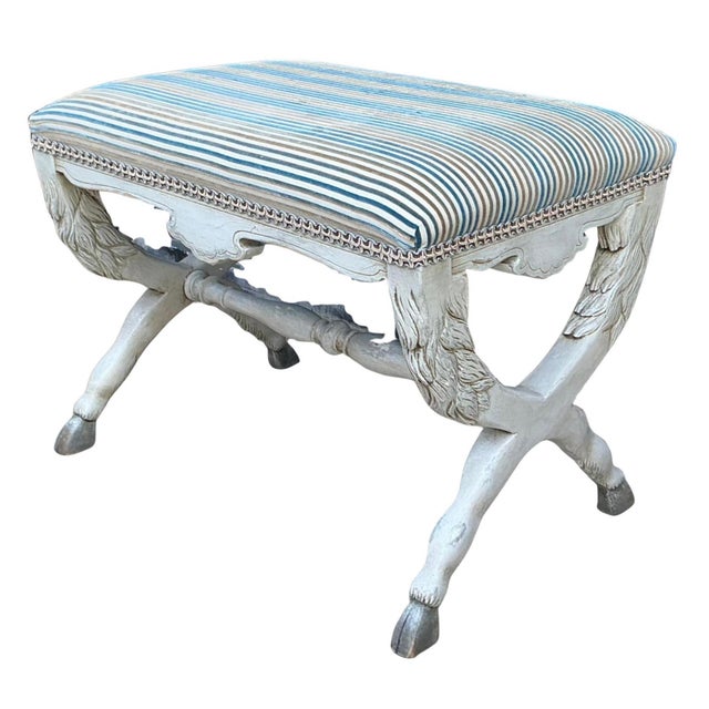 French Neo-Classical Style Carved & Hand Painted Bench / Ottoman in Stripe Velve For Sale In Atlanta - Image 6 of 6