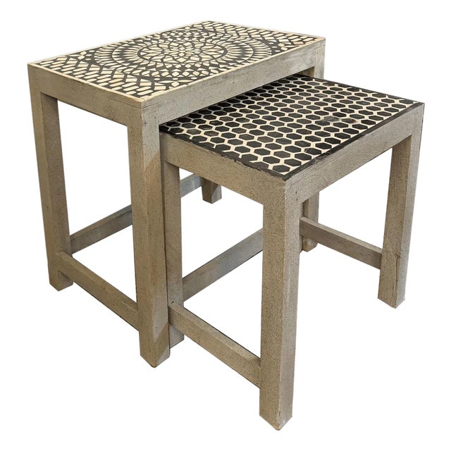 1970s Rustic Gray Wood Nesting End Tables With Inlay – Set of 2 For Sale