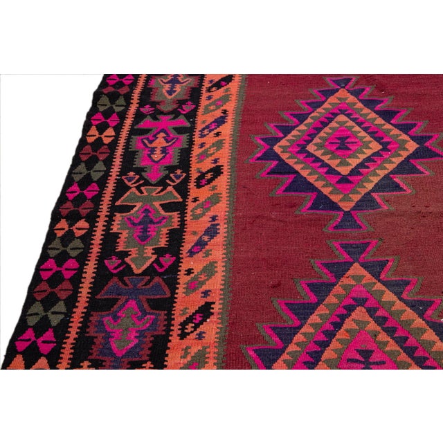Vintage Kilim Handmade Flatweave Tribal Motif Red Wool Runner For Sale - Image 4 of 10