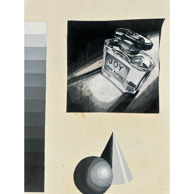 Vintage black and white charcoal study drawing featuring shades of black and white and a drawing of JOY perfume by Jean...