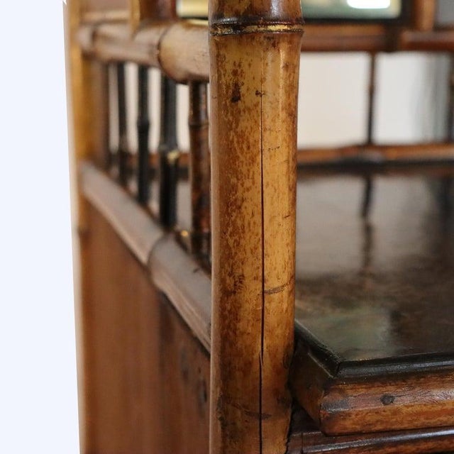 Antique Asian Bamboo Corner Etagere With Floral Leather Tooling & Mirror C1890 For Sale - Image 14 of 16