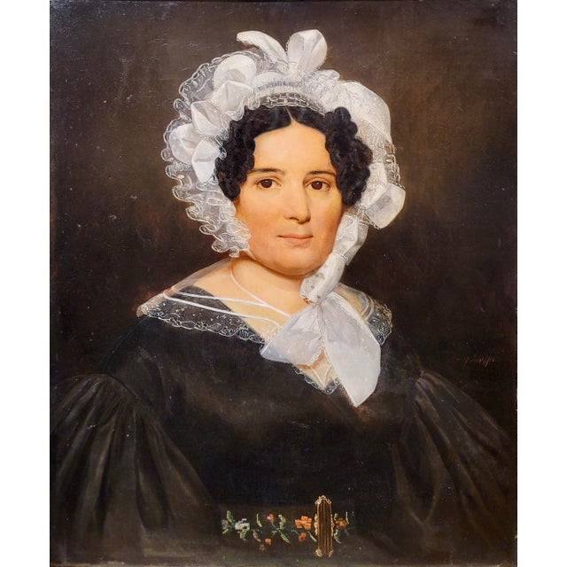 Victorian Portrait of a Lady Wearing a White Lace Bonnet-19th Century Oil Painting For Sale - Image 3 of 10