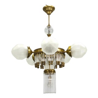 Art Deco Brass and Glass Chandelier, Czech, 1950s For Sale